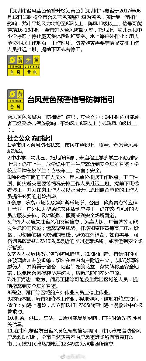 深圳市台风蓝色预警升级为黄色 中小学等停课