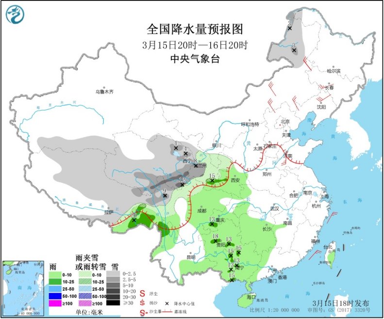 青藏高原大部、西北地区东部自西向东有小到中雪