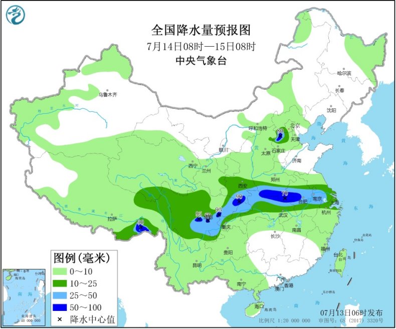 西南地区东部江汉江淮等地有强降雨 华北地区局地有大雨或暴雨