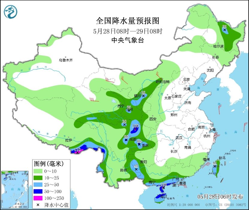 今明两天华南南部及西南地区东部雨势较强