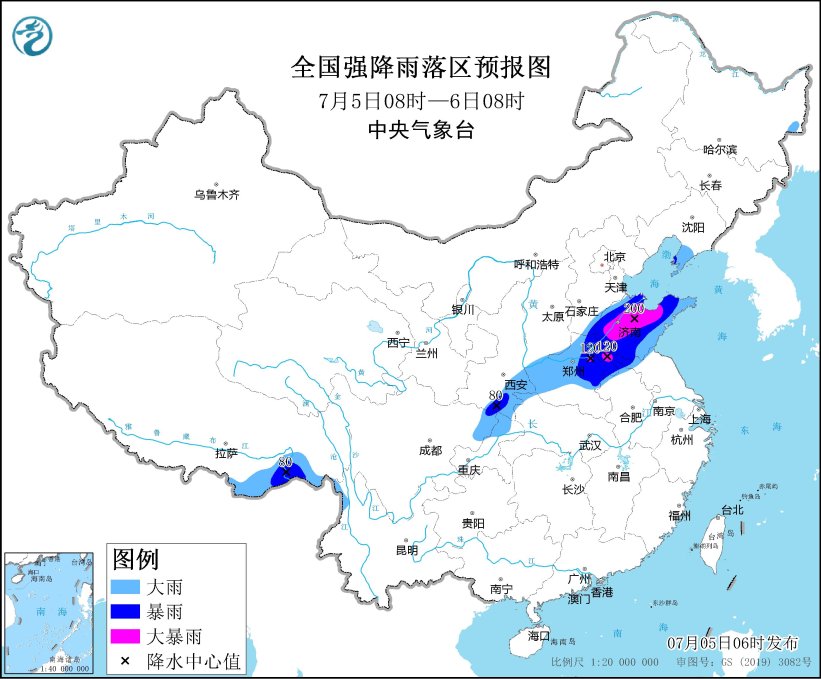 全国强降水落区预报（7月5日08时-6日08时）