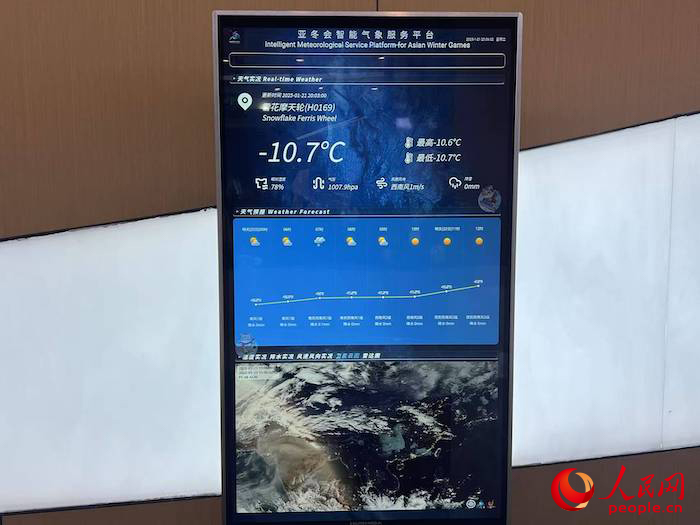 摩天轮等候大厅实时显示的气象信息。人民网 高清扬摄