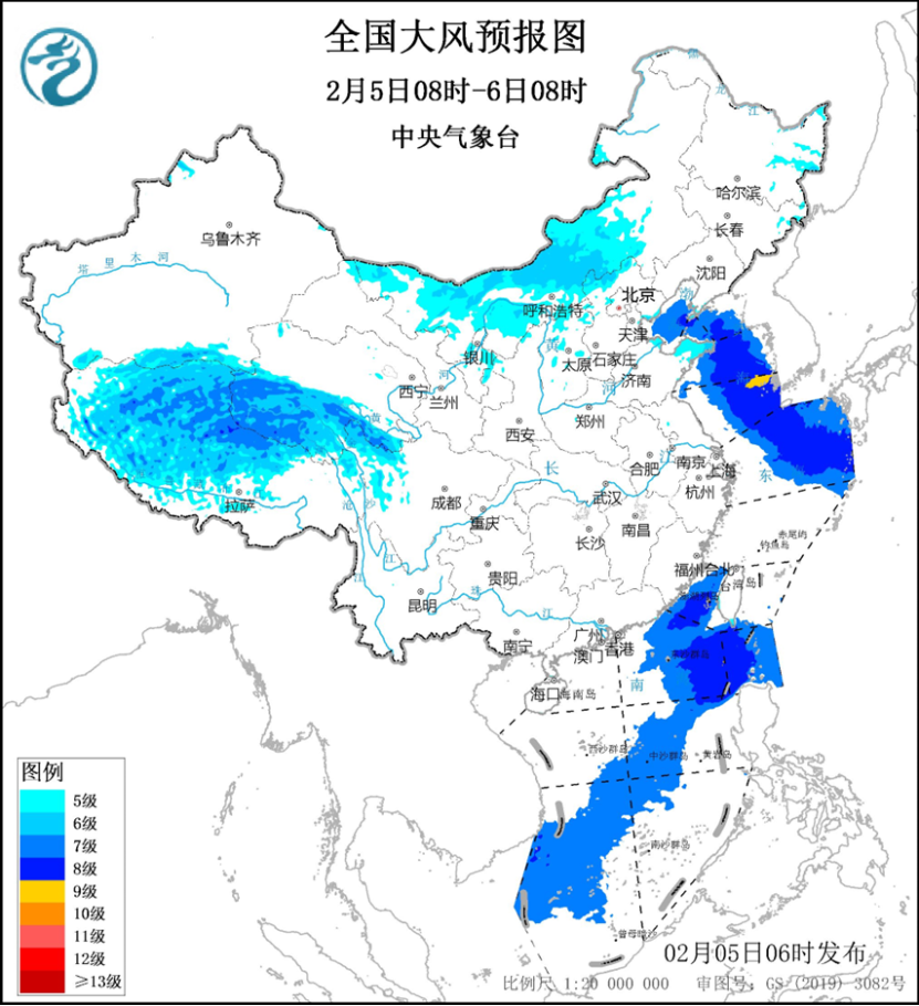 全国大风预报图(2月5日08时-6日08时)