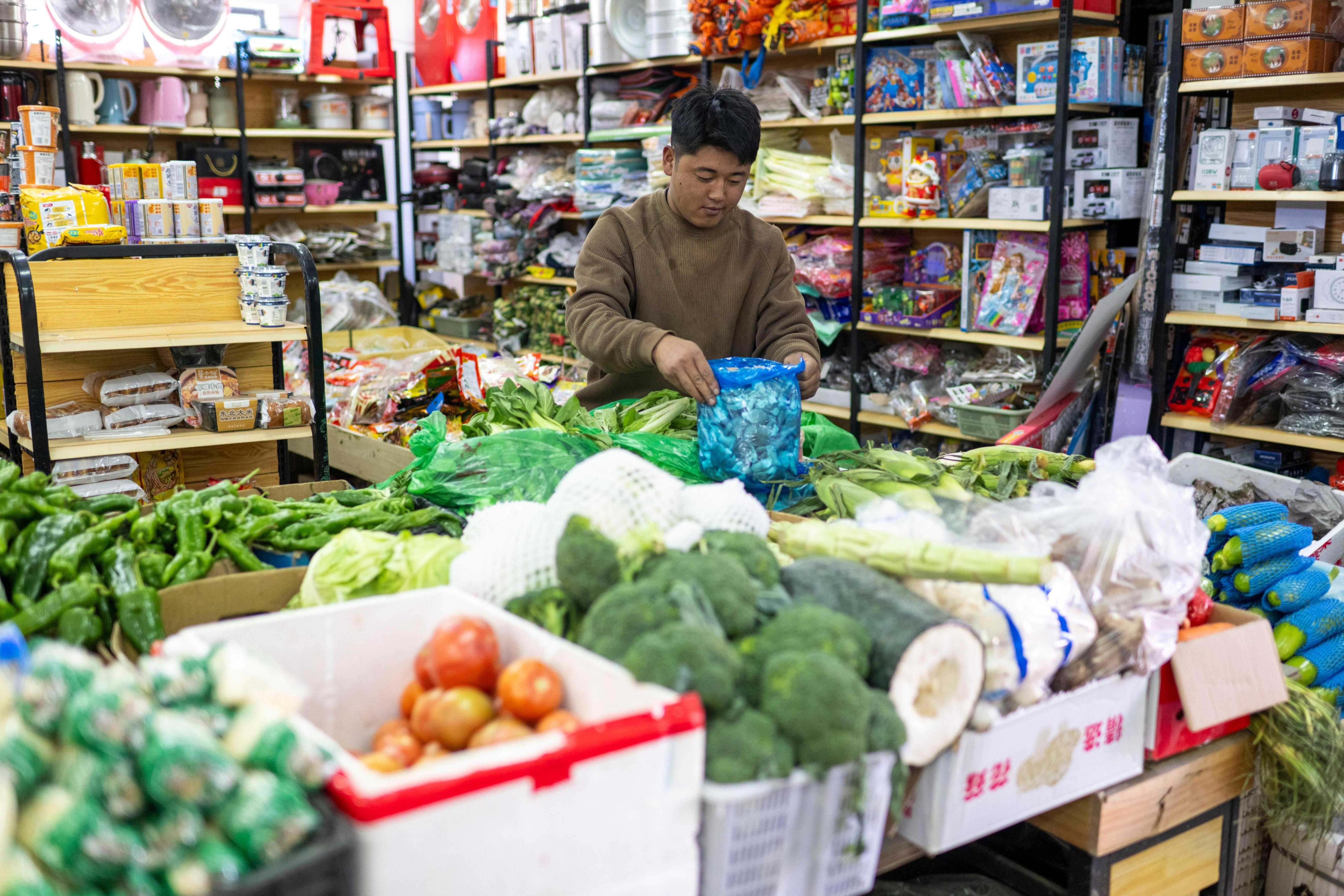 2025年12月11日,在西藏定日县长所乡森嘎村,超市店主完代克正在整理摆放蔬菜。人民网记者 翁奇羽摄