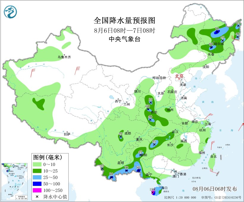 全国降水量预报图（8月6日08时-7日08时）