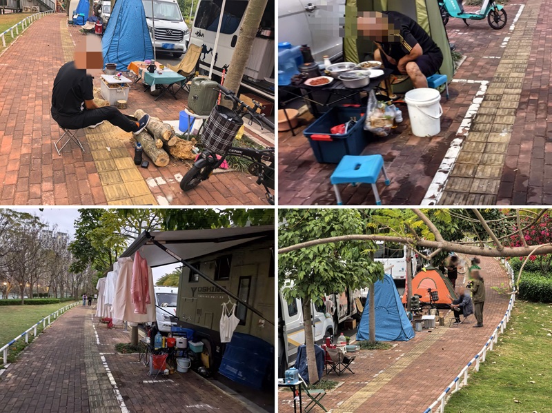 南宁市青山大桥观景台路段，房车车主在人行道上露营、做饭等。受访者供图