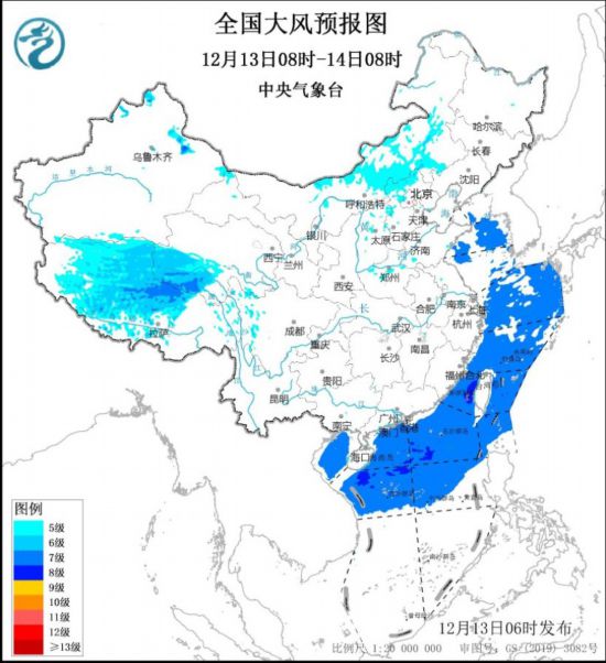 　全国大风预报图(12月13日08时-14日08时) 图片来源：中央气象台网站