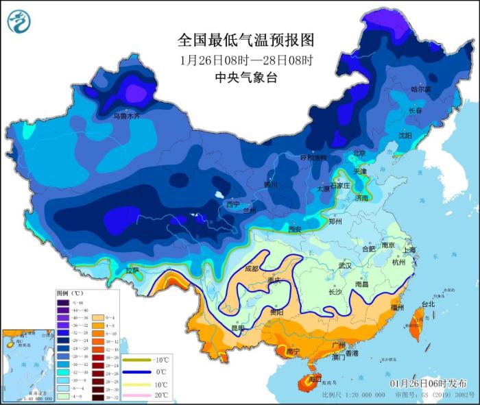 全国最低气温预报图(1月26日08时-28日08时) 图片来源：中央气象台网站