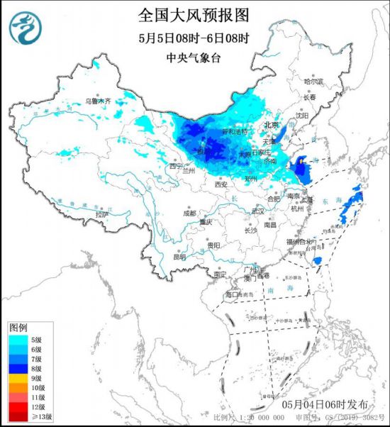 图3 5月5日08时-6日08时全国大风预报图
