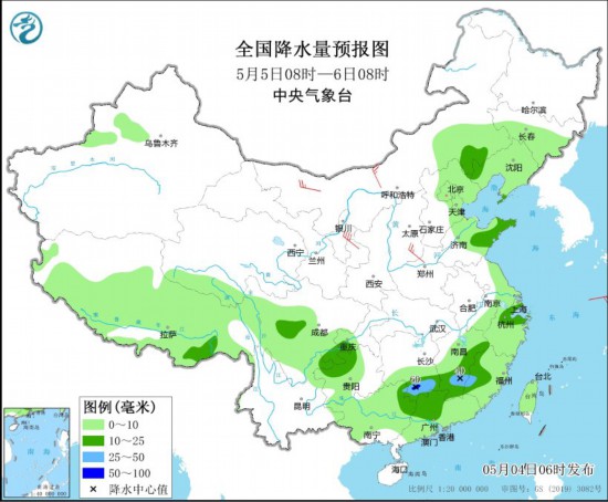 图6 全国降水量预报图(5月5日08时-6日08时)