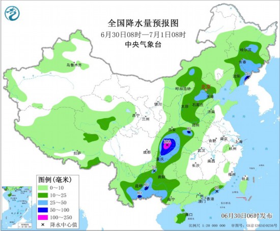 全国降水量预报图(6月30日08时-7月1日08时)