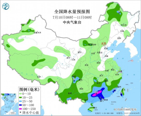 全国降水量预报图(7月10日08时-11日08时) 图片来源：中央气象台网站