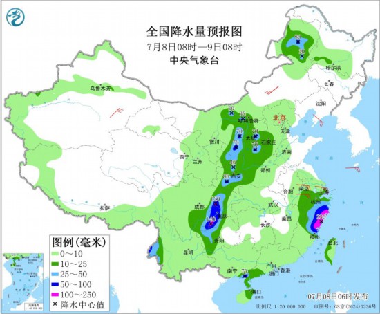 全国降水量预报图(7月8日08时-9日08时) 图片来源：中央气象台网站