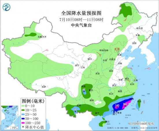 全国降水量预报图(7月10日08时-11日08时) 图片来源：中央气象台网站