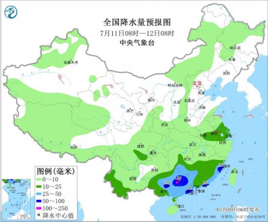 全国降水量预报图(7月11日08时-12日08时) 图片来源：中央气象台网站