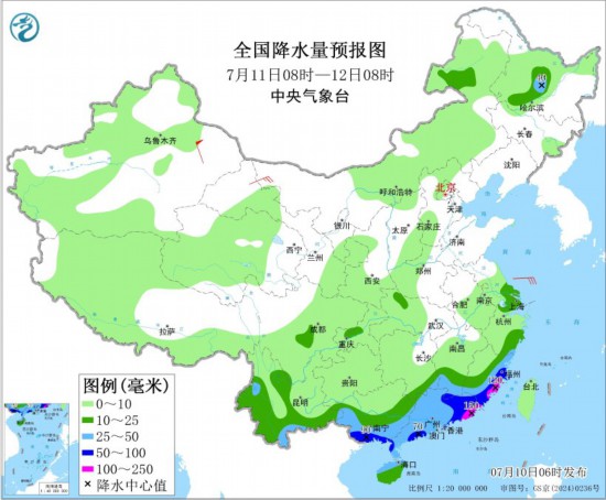 全国降水量预报图(7月11日08时-12日08时) 图片来源：中央气象台网站