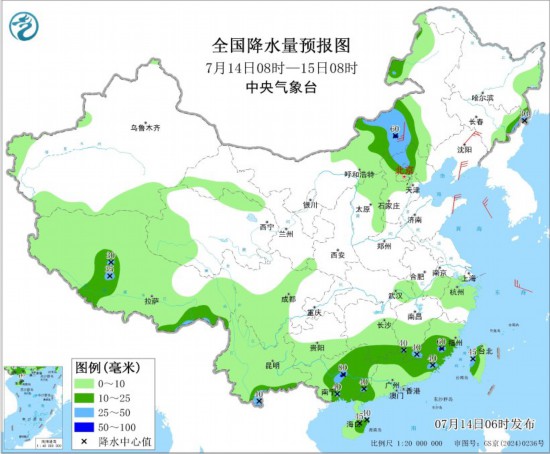 全国降水量预报图(7月14日08时-15日08时)