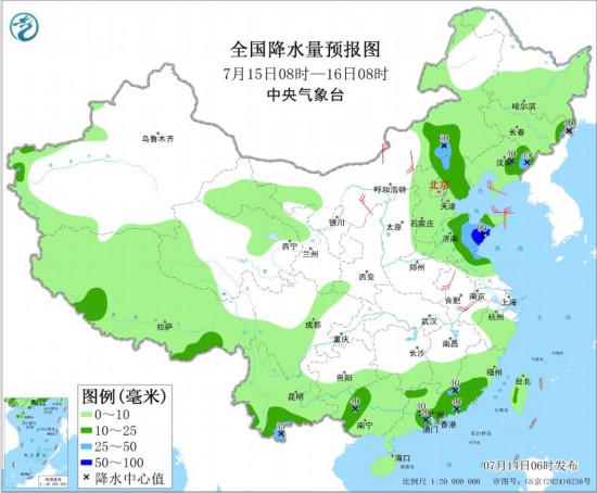 全国降水量预报图(7月15日08时-16日08时)