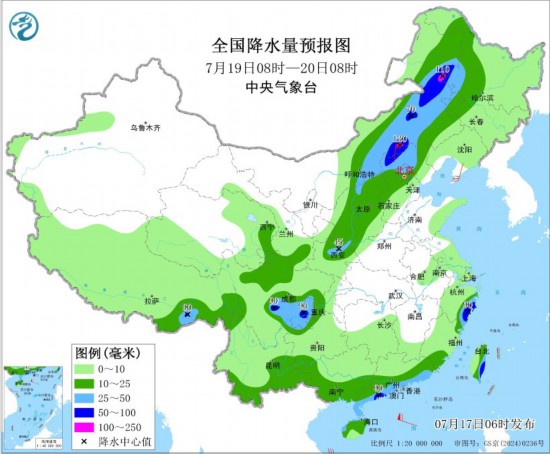 全国降水量预报图(7月19日08时-20日08时)