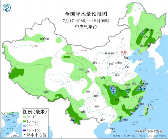 全国降水量预报图(7月17日08时-18日08时)