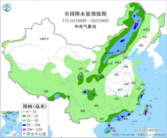 全国降水量预报图(7月19日08时-20日08时)