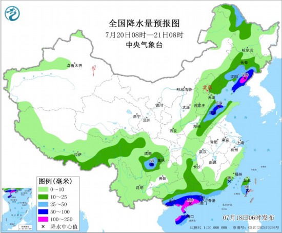 全国降水量预报图(7月20日08时-21日08时)