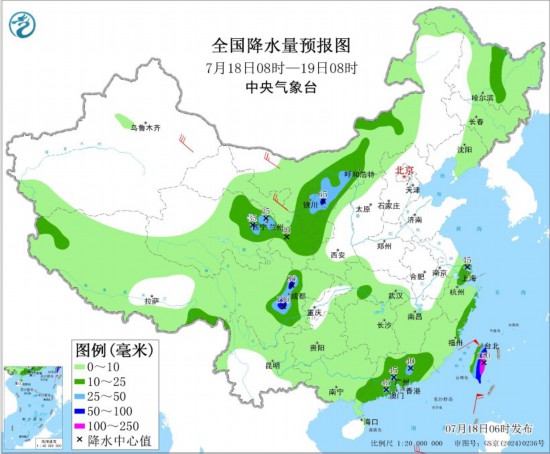 全国降水量预报图(7月18日08时-19日08时)