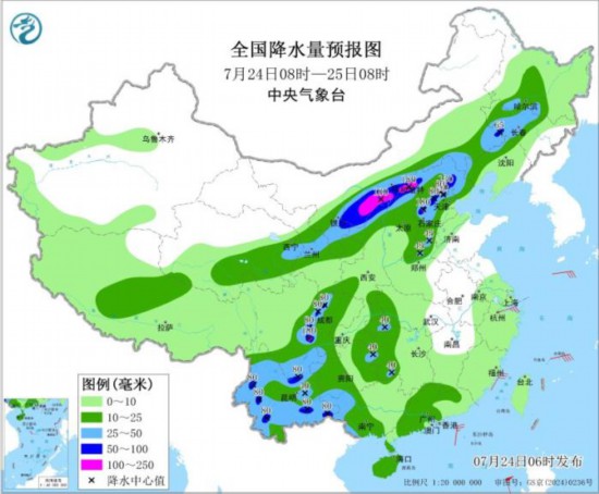 图2 全国降水量预报图(7月24日08时-25日08时) 图片来源：中央气象台网站