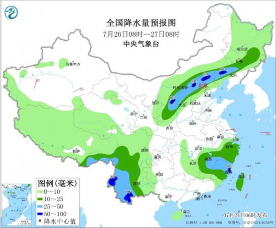 图4 全国降水量预报图(7月26日08时-27日08时) 。图片来源：中央气象台网站