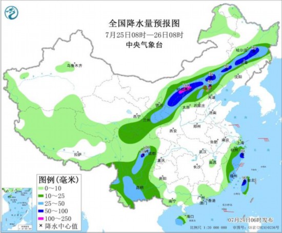 图3 全国降水量预报图(7月25日08时-26日08时) 。图片来源：中央气象台网站