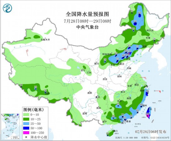 全国降水量预报图(7月28日08时-29日08时)
