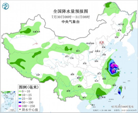 全国降水量预报图(7月30日08时-31日08时)