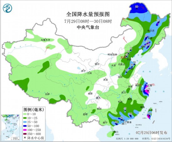 全国降水量预报图(7月29日08时-30日08时)