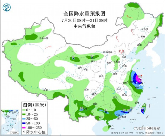 全国降水量预报图(7月30日08时-31日08时)