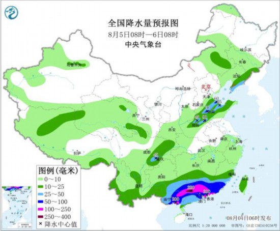 全国降水量预报图(8月5日08时-6日08时)