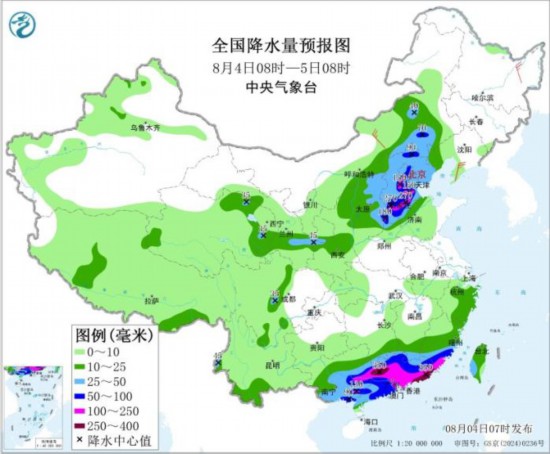 全国降水量预报图(8月4日08时-5日08时)