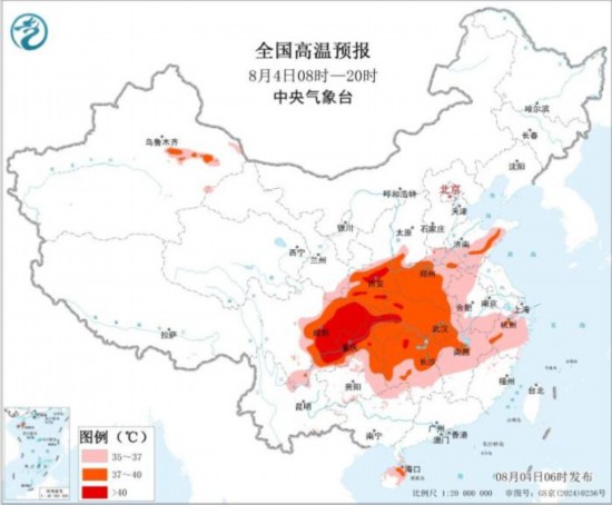 全国高温预报图(8月4日08时-20时)