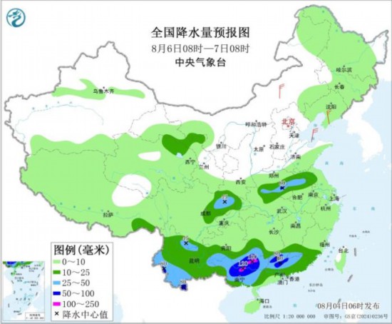 全国降水量预报图(8月6日08时-7日08时) 图片均来自中央气象台网站