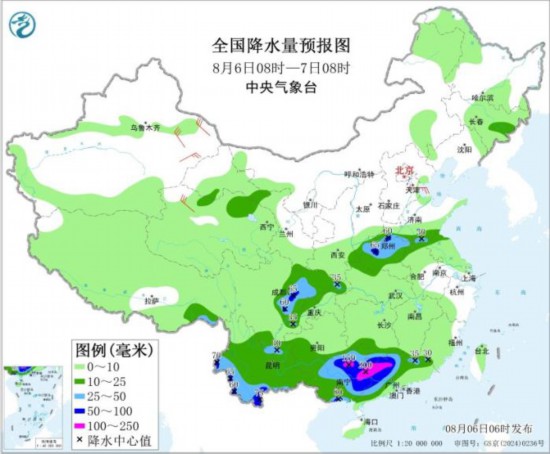 全国降水量预报图(8月6日08时-7日08时)