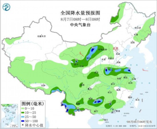 全国降水量预报图(8月7日08时-8日08时)