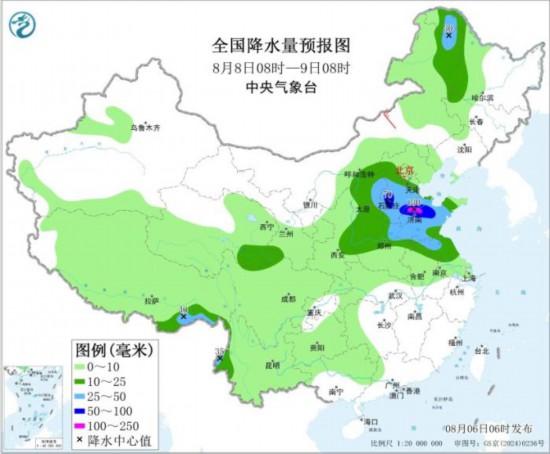 全国降水量预报图(8月8日08时-9日08时) 图片均来自中央气象台网站