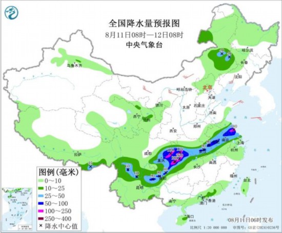 图3 全国降水量预报图(8月11日08时-12日08时) 图片来源：中央气象台网站
