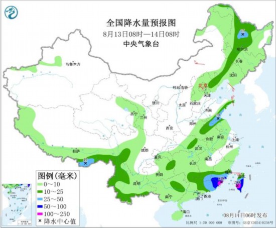 图5 全国降水量预报图(8月13日08时-14日08时) 图片来源：中央气象台网站