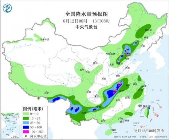 全国降水量预报图(8月12日08时-13日08时) 图片来源：中央气象台网站