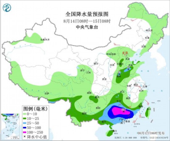 全国降水量预报图(8月14日08时-15日08时) 图片来源：中央气象台网站