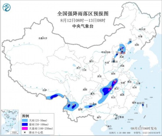 全国强降雨落区预报图(8月12日08时-13日08时)图片来源：中央气象台网站