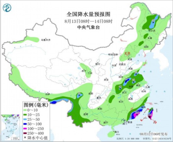 全国降水量预报图(8月13日08时-14日08时) 图片来源：中央气象台网站