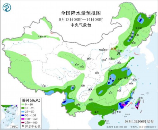 全国降水量预报图(8月13日08时-14日08时) 图片来源：中央气象台网站