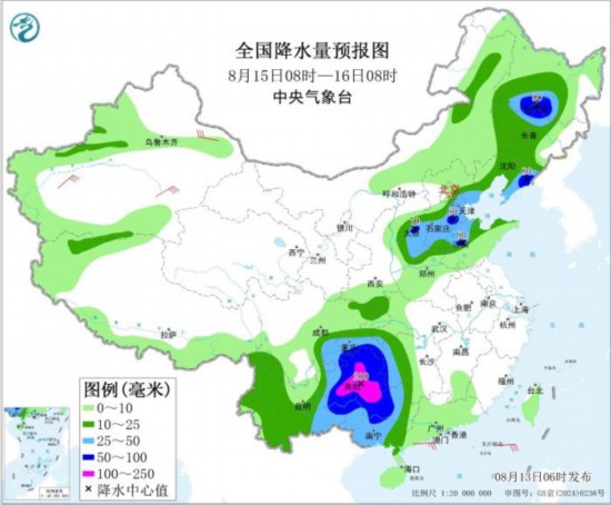全国降水量预报图(8月15日08时-16日08时) 图片来源：中央气象台网站