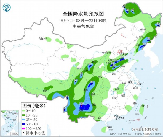 全国降水量预报图(8月22日08时-23日08时)